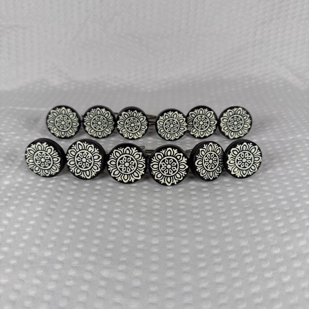 12 Black White Round Shower Curtain Hooks Rings Medallion
